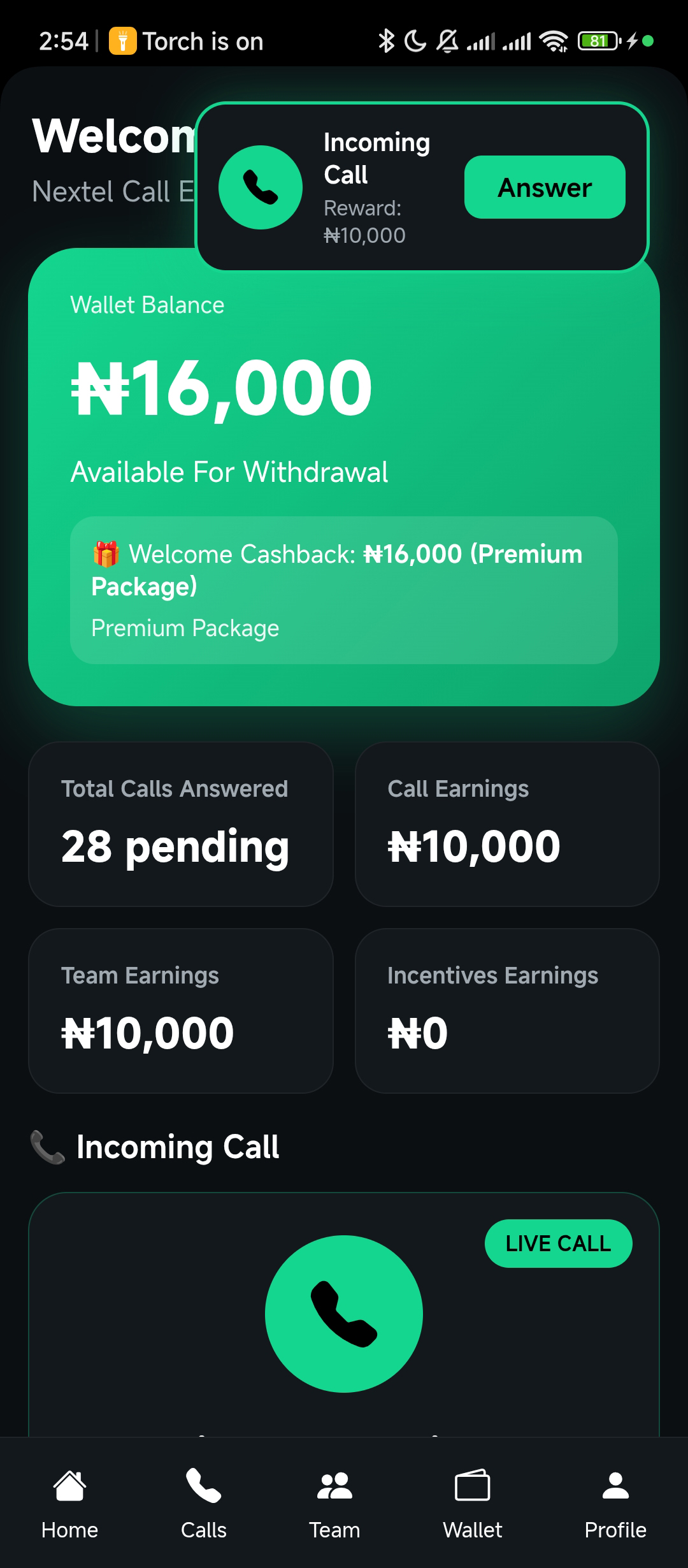 Nextel App Dashboard Screenshot